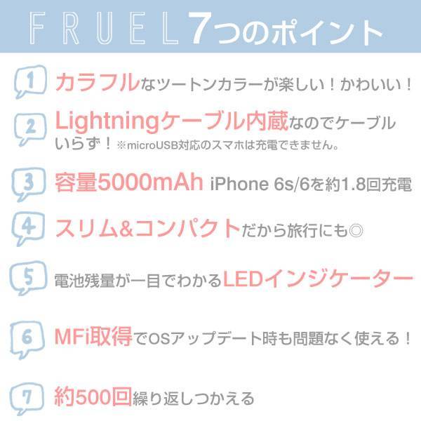 [Apple Lightningコネクター専用]FRUEL フルーエル MFi取得ライトニングケーブル内蔵モバイル充電器5000mAh｜Hamee - Image 7