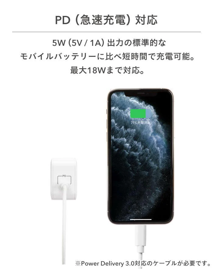 PD対応1ポートType-C AC充電器(ホワイト)【iPhone12/12mini/12Pro/12ProMaxのUSB Type-C(Type-C - lightningケーブル)での充電に便利!】|Hamee - Image 3